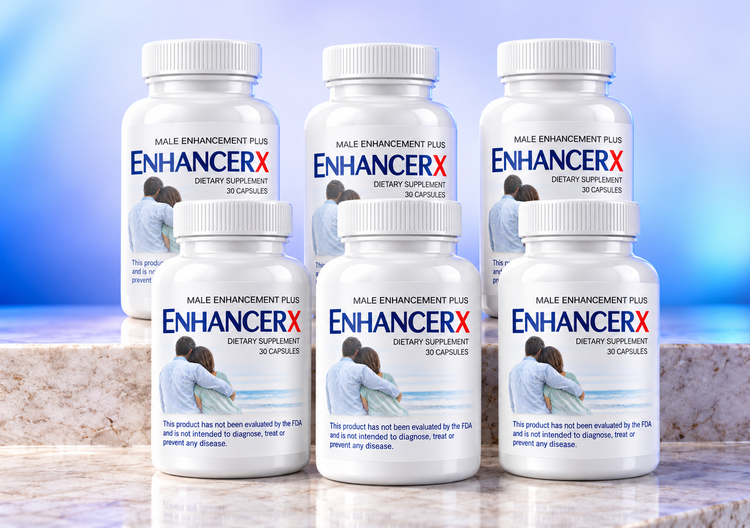 Six Enhancerx bottles arranged on a tabletop